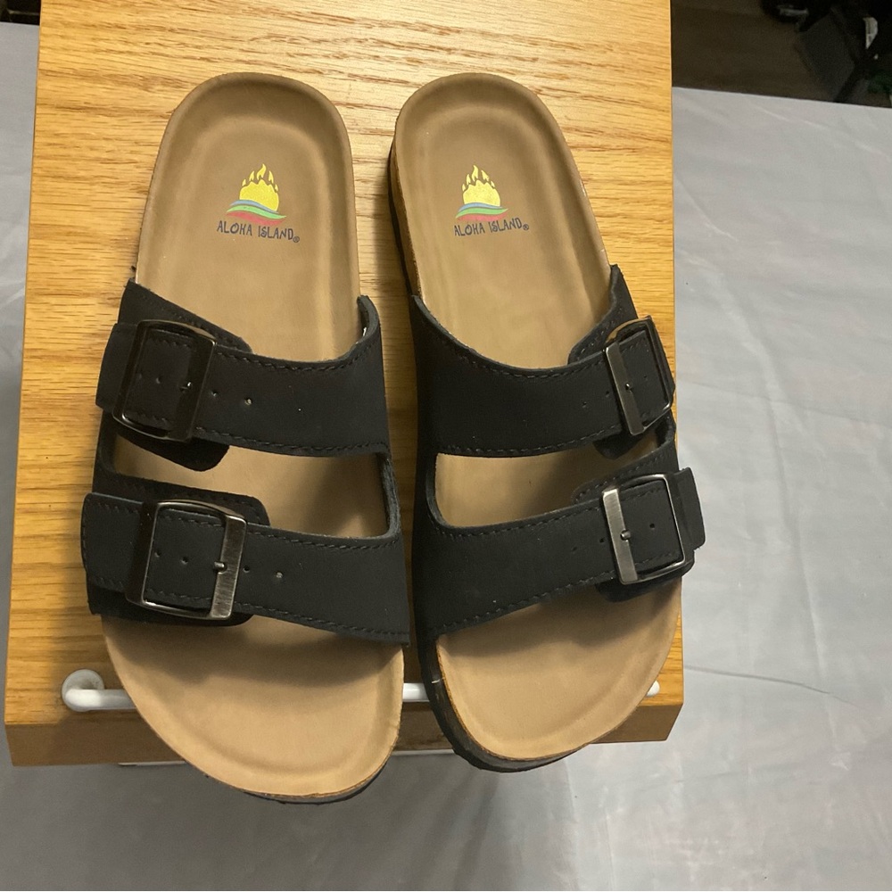 Aloha Island Black Sandals with Adjustable Straps and Cork Sole
